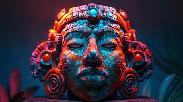 Illustrate a clay sculpture of an ancient ceremonial mask integrated with fiber optic strands, symbolizing a fusion of past and future aesthetics Enhance the intricate details with a mix of vivid colo