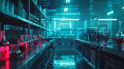 Illustrate a spine-chilling laboratory scene where advanced biotech experiments go awry, blending CG 3D rendering with glitch art for maximum impact - obrazy, fototapety, plakaty