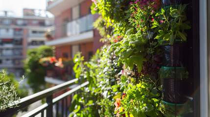 A balcony vertical garden tower filled with a variety of herbs maximizing space and greenery in a compact urban setting.
