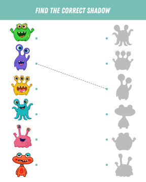 Find correct shadow of monsters, aliens. Educational logical game for kids. Space creature. Vector 
