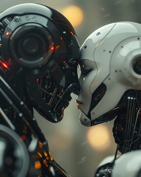 Illustrate the subtle beauty of love and technology intertwining in a series of macro photos Enhance the emotions with close-up shots of robotic elements symbolizing love