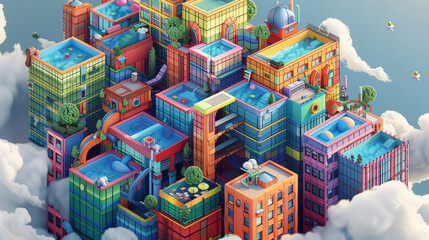 Vibrant Cubic Cityscape: A Colorful Aerial View of Modern Urban Architecture Amidst Clouds