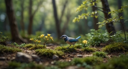 Miniature_landscape_spring_a_beab, nature, wildlife, animal, beak, wild, tree, branch, woodpecker, birds, avian, feather, kingfisher, green, blue, feathers, kookaburra, white, color, puffin, orange