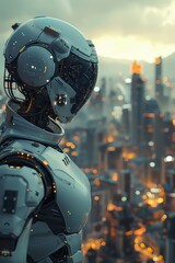 Create a digital rendering of a humanoid robot immersed in a virtual reality world, showcasing a futuristic cityscape as a backdrop, explore the theme of loneliness and isolation with glitch art techn