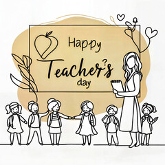 Teachers day background with children and woman illustration. Simple vector web banner. One continuous line drawing with lettering happy Teachers day created with generative ai
