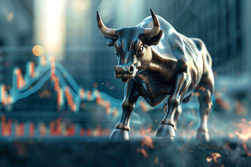 A bull is running through a city street with a stock market graph in the background. The bull is surrounded by fire, which adds to the intensity of the scene. Concept of urgency and chaos - obrazy, fototapety, plakaty