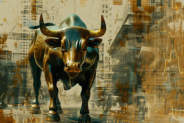 A bull with horns is standing in front of a graph. The bull is looking at the graph, and the graph is showing a downward trend. Scene is serious and focused