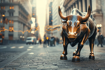 A bull statue in a city with people walking by. The statue is made of bronze and has horns - obrazy, fototapety, plakaty
