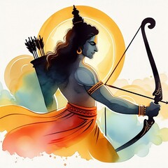Watercolor illustration of lord rama silhouette with a bow and arrow for ram navami created with generative ai - obrazy, fototapety, plakaty