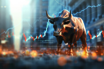 A bull is standing in front of a graph of stock prices. The bull is looking at the graph, as if it...