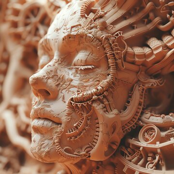 Craft a striking clay sculpture scene depicting the harmony between AI advancements and cultural celebrations, infusing textures and details for a visually captivating image