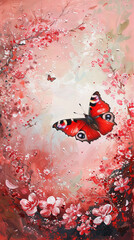 A painting of a red butterfly flying over a pink background with pink flowers. The butterfly is the main focus of the painting, and the pink background and flowers add a sense of warmth