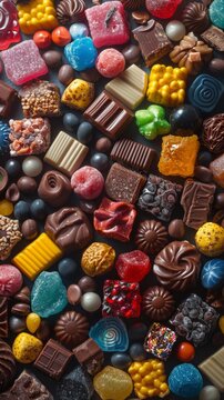 A colorful array of various candies and chocolate pieces tightly packed together. Assorted Candies and Chocolates Texture