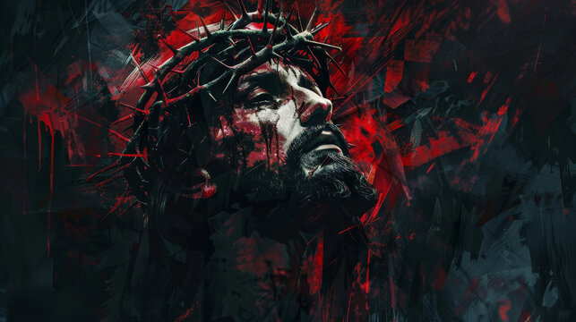 A man with a cross on his head and dripping blood. Concept of pain and suffering, as if the man is in the midst of a battle or undergoing a difficult experience