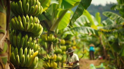 Man harvesting bananas from a banana tree in a plantation - obrazy, fototapety, plakaty