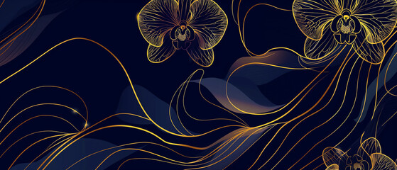 Abstract luxury gold orchid lines on dark blue background. Golden orchid floral line art design....