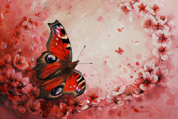 A red butterfly is sitting on a pink flower. The butterfly is surrounded by pink flowers, which gives the image a romantic and serene mood - obrazy, fototapety, plakaty