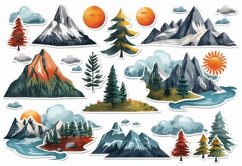Mountains, valley, rivers, hills, volcano, canyon, sun and sunset, cliff mountain peak and hill top. Nature and camping landscape, set of hiking illustration. Outdoor travel, wild nature travel.