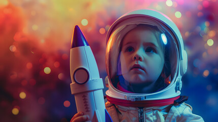 A child dressed as an astronaut holding a model rocket imagining a journey through space. - obrazy, fototapety, plakaty