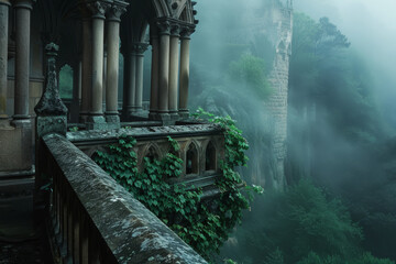 A castle with a balcony overlooking a forest. Scene is eerie and mysterious. The castle appears to be abandoned and overgrown with vines, giving it a sense of decay and abandonment - obrazy, fototapety, plakaty