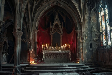 A church with a red curtain and candles lit in the altar. Scene is solemn and peaceful