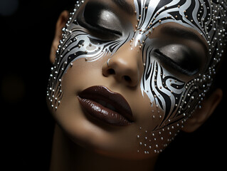 Elegant woman with intricate masquerade mask and makeup
