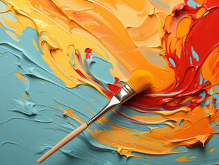 Vibrant paint strokes and brush on a colorful background