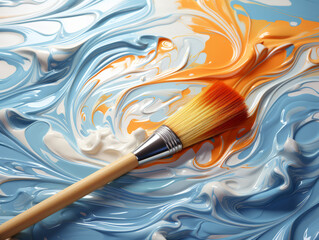 Paintbrush on Swirling Blue and Orange Paint