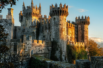 A castle with a large tower and a small building in front of it. The castle is old and has a lot of...