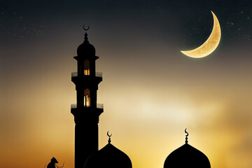 Islamic Night Mubarak. Landscape Design Building Sunset Black Ramadan. Mosques Dome with Crescent Moon. Islamic New Year.