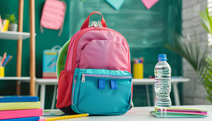Obraz premium Colorful school backpack with bottle of water and stationery on white table near green chalkboard