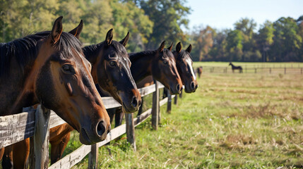 Four horses are standing in a field behind a wooden fence. The horses are all brown and are looking at the camera. The scene is peaceful and calm, with the horses standing close together