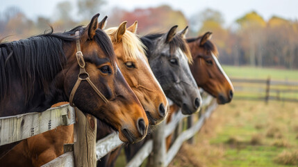 Four horses are standing in a field behind a wooden fence. The horses are of different colors, with...