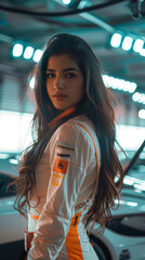 A woman in a racing suit stands in front of a car. She is wearing a white and orange outfit