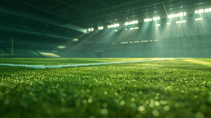 A soccer field with a wet grass and lights in the background. Scene is energetic and exciting, as it captures the essence of a soccer game - obrazy, fototapety, plakaty