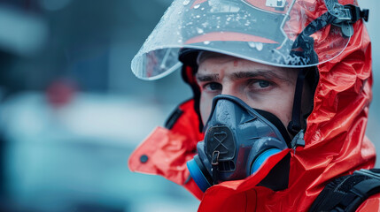 Fototapeta premium A man in a red jacket and a blue mask is standing in front of a car. He looks serious and focused