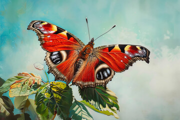 A red butterfly is perched on a leaf. The butterfly is surrounded by green leaves and the sky is...