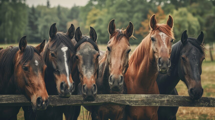 Four horses standing in a field with a wooden fence in the background. The horses are brown and white - obrazy, fototapety, plakaty