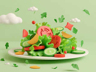 3d flying vegetable salad, lettuce, tomatoes, cucumbers, carrots on the plated. Fresh veggies