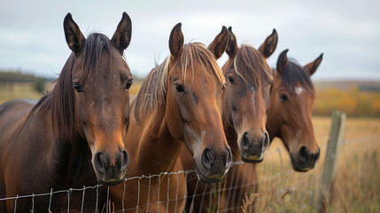 Three horses are standing in a field with a fence in the background. The horses are brown and white, and they are looking at the camera