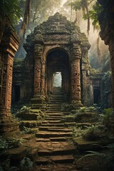 Fototapeta premium Ancient, mystical temple, adorned with intricate carvings, stands majestically amidst dense forest. Sunlight filters through towering trees.
