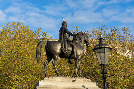 Birds sitting on King George IV Statue on Trafalgar Square in London