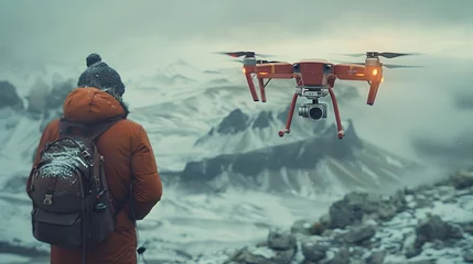 Fotobehang A man with a backpack watches a drone flying over a snowy mountain © Валерія Ігнатенко