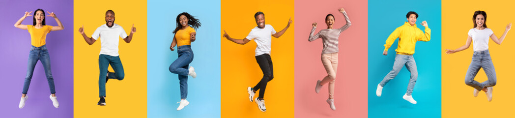 Vibrant Group of People Jumping in Joy Against Colorful Backgrounds