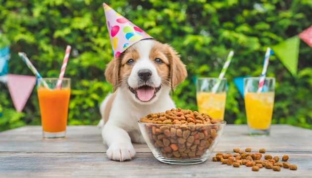 Cute happy and smiling dog at a birthday party, wearing a party hat at an outdoor celebration. Funny animal portrait of puppy outside with dog food.
