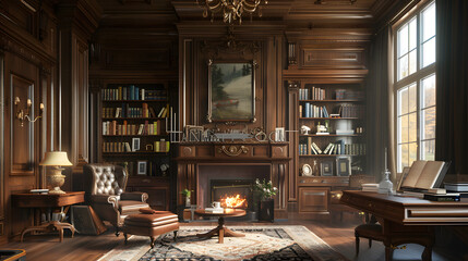 A classic study with dark wood paneling and a grand fireplace.