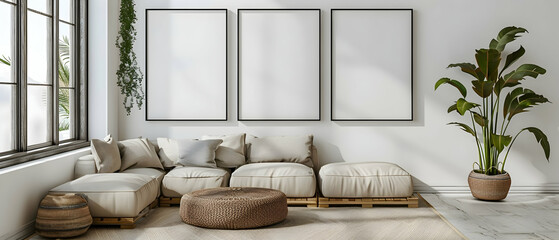 Amazing Three poster or photography frame mockup on the white wall in a Boho style interior with sofa and other furniture decor