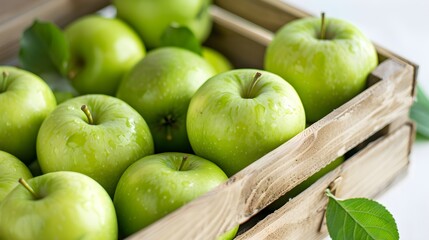 Close up view of beautiful and delicious green apples with leaves arranged in a crate on a white background