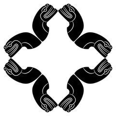 Geometrical frame or border with stylized heads of snakes or serpents. Native American animal design of Maya Indians. Black and white silhouette.