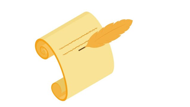 An Animated Isometric Scroll with a feather writing on it